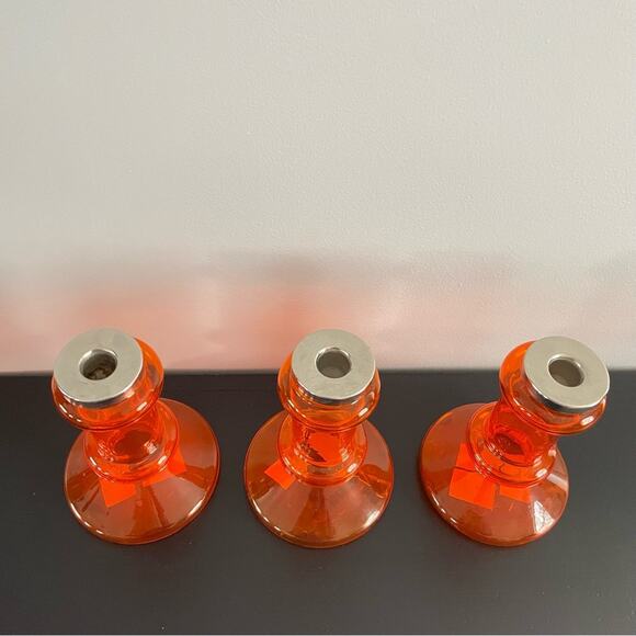 EQ3 | Bright Orange Glass Candlestick Candle Holders Funky MCM Taper Bubble 3pc - Picture 2 of 9